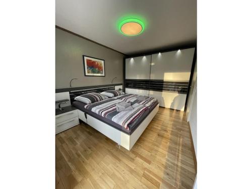 a bedroom with a large bed and a green ceiling at Holiday Home Deluxe in Kleinweidelbach