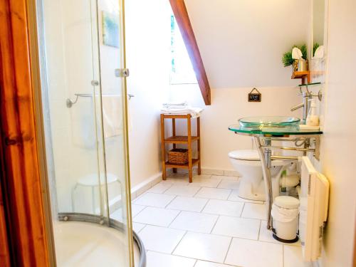 une salle de bain avec douche et toilettes dans l'établissement Charmantes Chambres d'Hôtes près de la Loire - FR-1-590-294, à Guilly