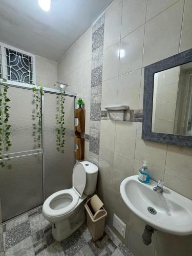 a bathroom with a toilet and a sink at Manaju - Finca Campestre y Glamping in Ibagué