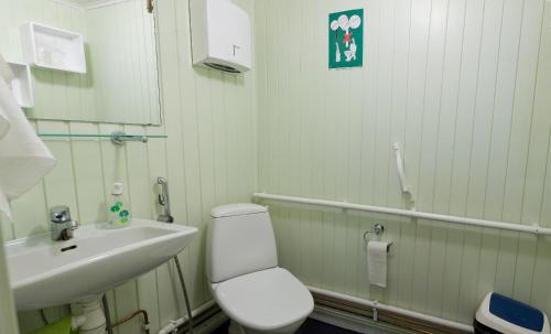 Kartano Hostel في Kokemäki: حمام به مرحاض أبيض ومغسلة