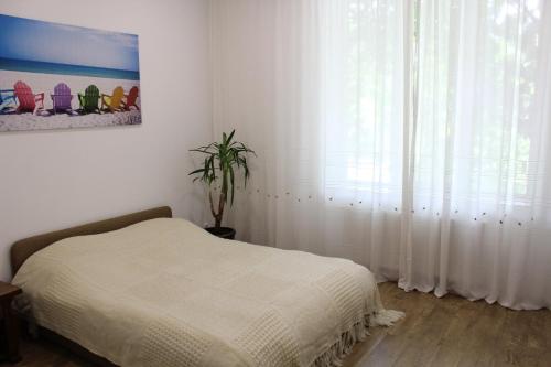 a bedroom with a bed and a window with curtains at Apartment For Guests with Soul in Vinnytsya