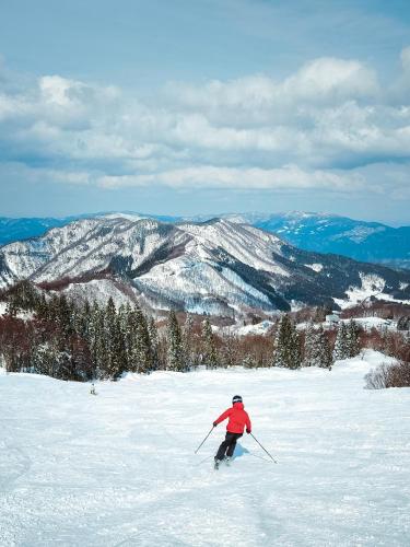 a person is skiing down a snow covered slope at Oyado Hisaya in Kami