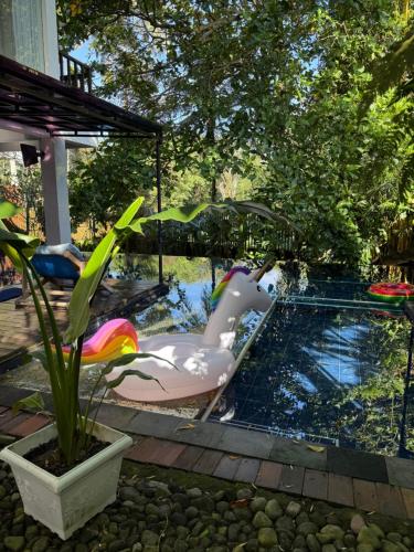 a swimming pool with a toy horse and a swimming pool at Griya Oma Nining-Large House with Swimming Pool in Bedoyo