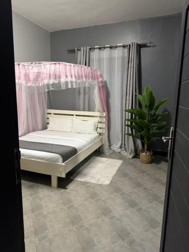 a bedroom with a bed with a pink canopy at Fivas Residences in Arua
