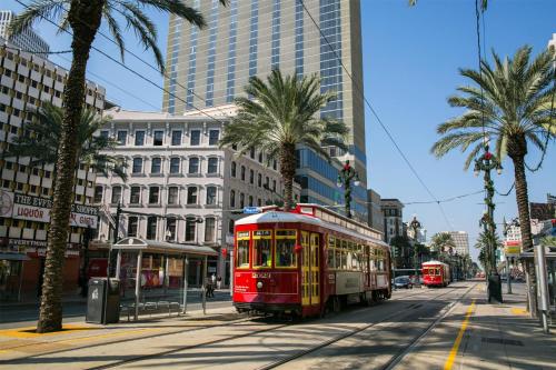 a red trolley driving down a city street with palm trees at Wyndham Garden Baronne Plaza in New Orleans