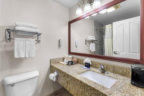 a bathroom with a toilet and a sink and a mirror at Quality Inn & Suites Salt Lake City Airport West in Salt Lake City