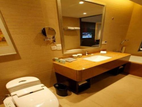 a bathroom with a toilet and a sink and a mirror at Suzhou Qingshan Conference Center in Suzhou