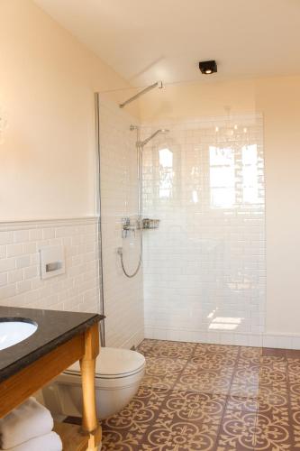 a bathroom with a shower and a toilet and a sink at Gästehaus im Weingut am Nil in Kallstadt