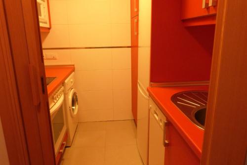 a small kitchen with a sink and a washing machine at Apartamentos Noluna in Segovia