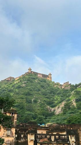 a green hill with a castle on top of it at House of Amer in Jaipur