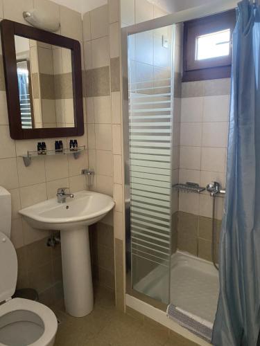 a bathroom with a sink toilet and a shower at Agnanti Hotel in Velventós