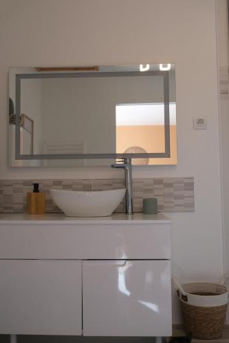 a bathroom with a sink and a large mirror at Le Nid Bohème in Gisay