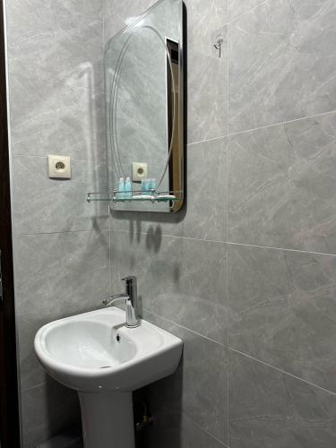 a bathroom with a sink and a mirror at Hostel Tsalka in Tsalka