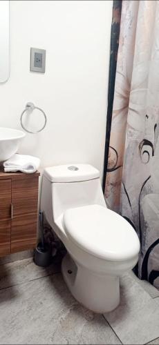 a bathroom with a white toilet and a sink at Casa del Sol in Toluca