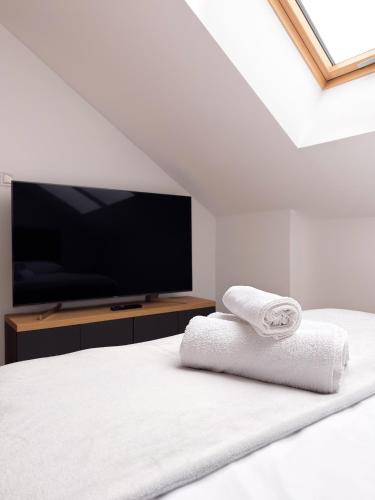 a bedroom with a bed with a flat screen tv at Niron Apartamenty Królowej Jadwigi Złotów in Złotów