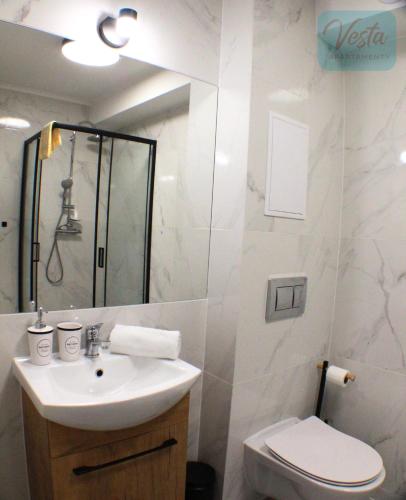a bathroom with a sink and a toilet and a shower at VESTA Apartamenty M52 Free parking in Szczecin