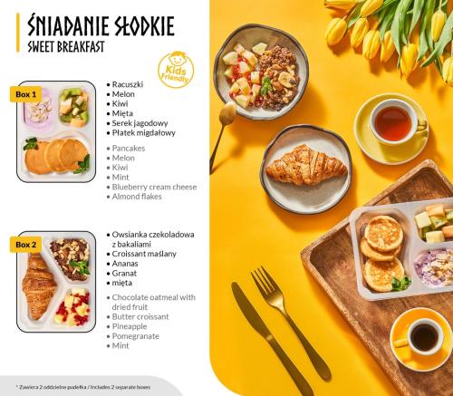 a table topped with plates of breakfast food and a menu at Scala City Center Premium Apartments with Parking by Lion Apartments in Gdańsk