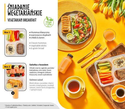 a page of a magazine with a table with food at Scala City Center Premium Apartments with Parking by Lion Apartments in Gdańsk