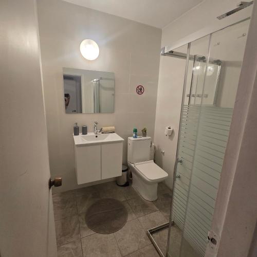 a bathroom with a toilet and a sink and a shower at Eilot in Eilat