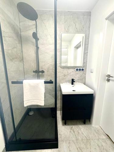 a bathroom with a shower and a sink at Apartamenty Śródmiejska in Świebodzin