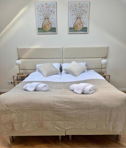 a bedroom with a large bed with two pillows on it at Apartamenty Śródmiejska in Świebodzin