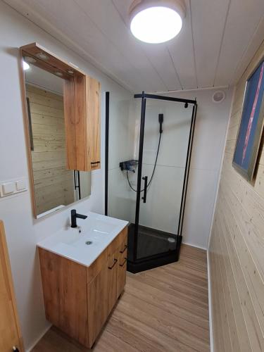 a bathroom with a shower and a white sink at Mazurska Latarnia z prywatną plażą i stawem in Rydzówka
