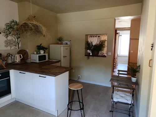 eine Küche mit einer Theke, einem Kühlschrank und einem Tisch in der Unterkunft Logement entier - Chambre bali - sdb - cuisine in Cour-Cheverny