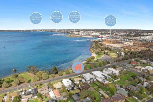 an aerial view of a city and the water at Quiet Geelong Getaway I Bay views in North Shore