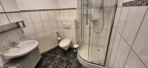 ヴァイスキルヒェンにあるFerienwohnung Heilklimaのシャワー、トイレ、洗面台を備えたバスルーム