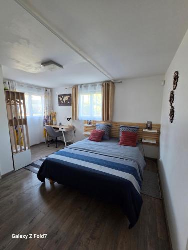 Schlafzimmer mit einem Bett mit blauer Bettwäsche und roten Kissen in der Unterkunft Appartement 2 pièces près du lac de Bouzey in Sanchey