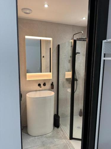 a bathroom with a sink and a shower and a mirror at Il Clovio - Discreet luxury, close to Futuroscope in Jaunay-Marigny