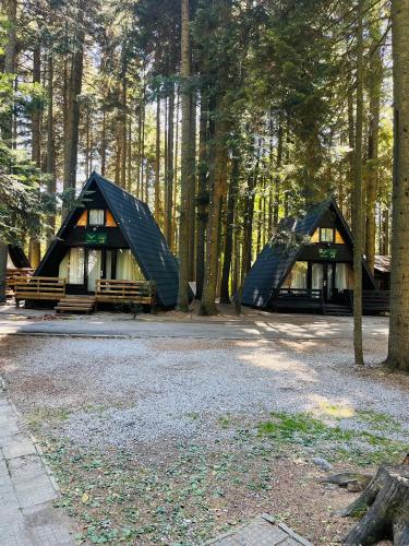 two black cabins in the middle of a forest at Villas Jagoda & Malina in Borovets