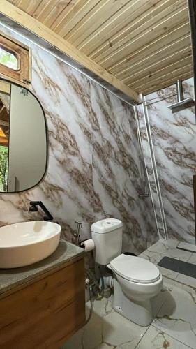 a bathroom with a sink and a toilet and a mirror at Zen in Sataplia 
