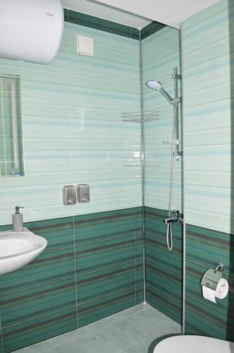 a bathroom with a glass shower and a sink at Cozy apartment for overnight stays Hristo Smirnenski in Plovdiv