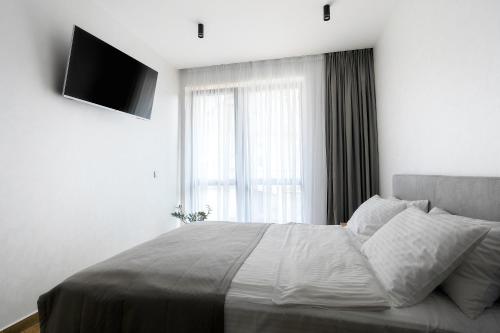 a bedroom with a bed with a television on the wall at Elysium House in Truskavets