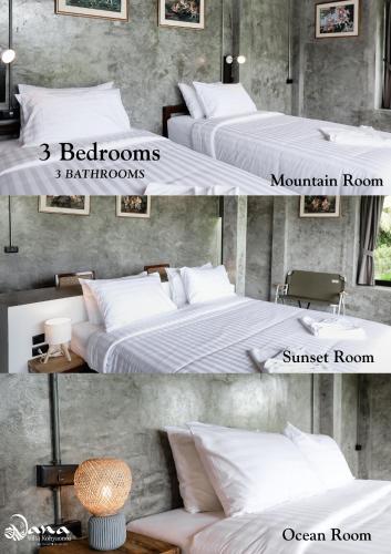 a collage of three pictures of a bedroom with two beds at Nana Villa in Ko Yao Noi