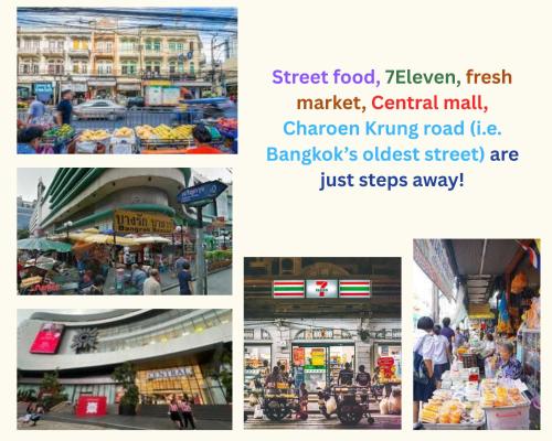 a collage of pictures of a street food store at BaanSathorn21 in Bangkok