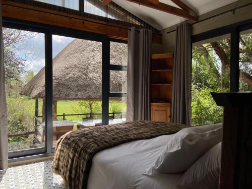 ein Schlafzimmer mit einem Bett und einem großen Fenster in der Unterkunft Rosetta River Retreat in Mooirivier