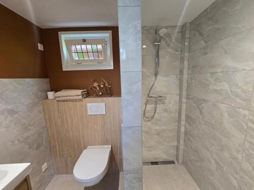 a bathroom with a shower and a toilet and a sink at Stijlvol Tiny House in de natuur in Enschede