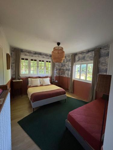 a bedroom with two beds and two windows at La Haute Trémière in Charenton sur Cher