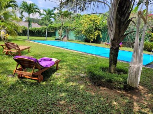 un complexe avec une piscine et un hamac dans l'herbe dans l'établissement Spirit of Life Ayurveda and Yoga Resort, à Induruwa