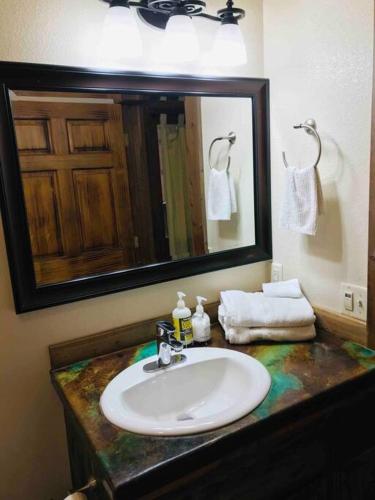 a bathroom with a sink and a mirror at Trail Street Condo Downstairs in Missoula
