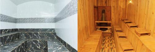 a room with a bathtub with wooden walls and stairs at Bunyonyi Safaris Resort in Kabale