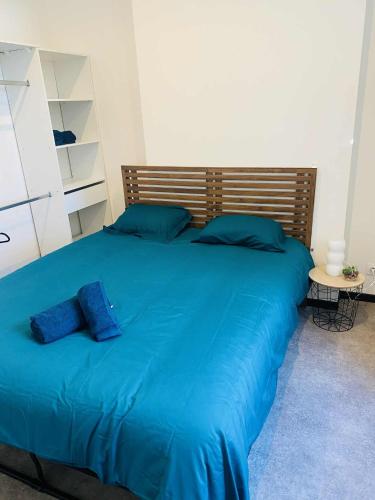 a large blue bed with blue pillows in a bedroom at LA PERLE RARE centre ville avec internet 4 pers Confort & Emplacement Idéal in Marmande