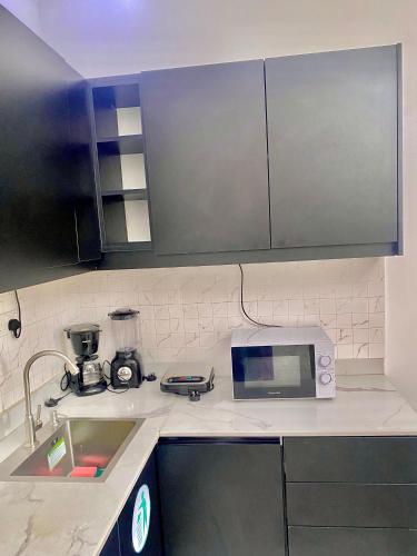 a kitchen with a sink and a microwave at Fort Fountain Apartments in Abuja
