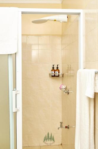 a bathroom with a shower with trees on the wall at Pinetree Gardens Residence in Eldoret