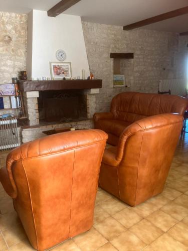 two brown leather couches in a room with a fireplace at Chez Bilhouet in Segonzac