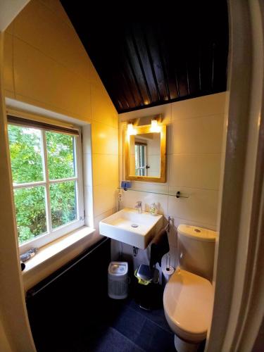 a bathroom with a sink and a toilet and a window at Het geheim van Merselo in Merselo