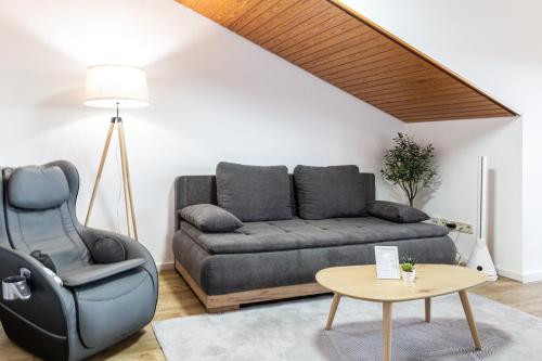 ein Wohnzimmer mit einer Couch und einem Sessel in der Unterkunft Holiday&Stay Black Forest Pool 85 TV WLAN in Schönwald