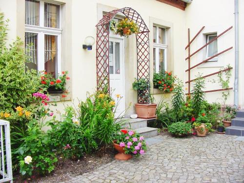 a house with flowers and plants in front of it at Pension Pieschen Dresden in Dresden